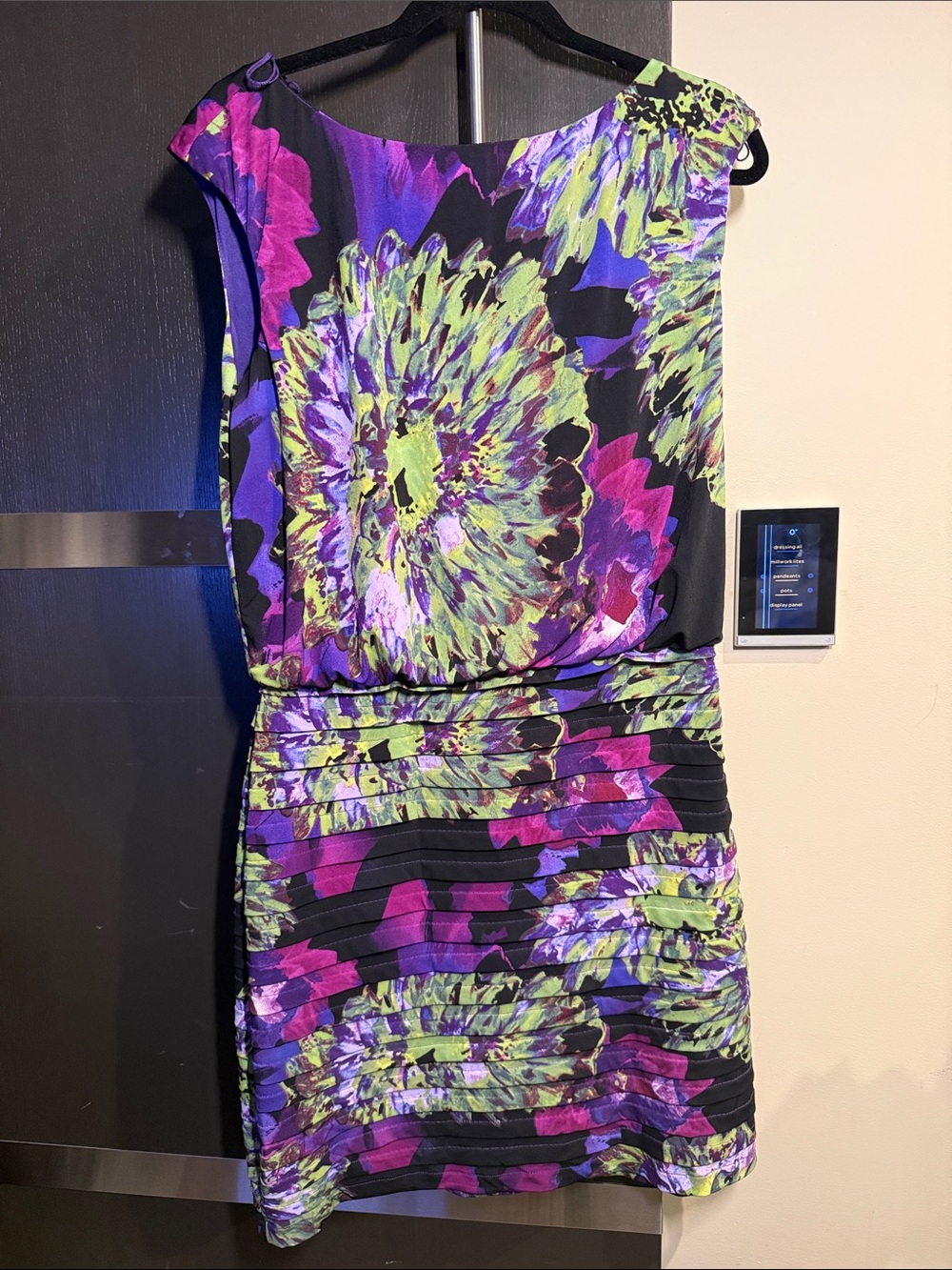 Maggy London One-Shoulder Floral Sheath Dress in Purple, Green and Black